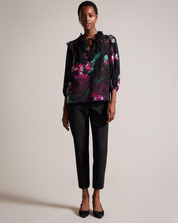 Hauts Ted Baker Floral Appliqué V-Neck Noir Femme | GEP-15147222